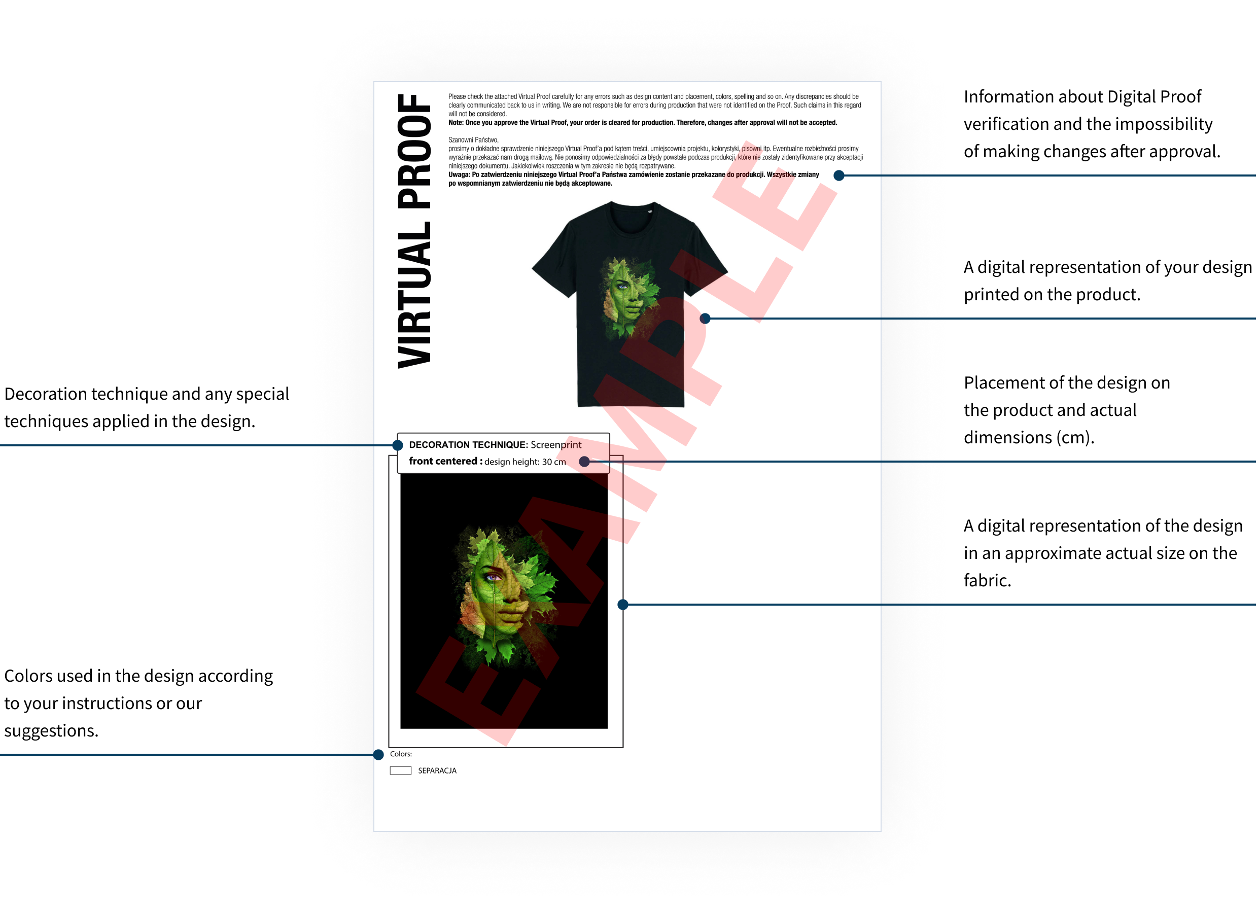 Details of the information presented in a Digital Proof, highlighting design placement and specifications. Explanation of key information found in a Digital Proof, including design placement, dimensions, and color accuracy.